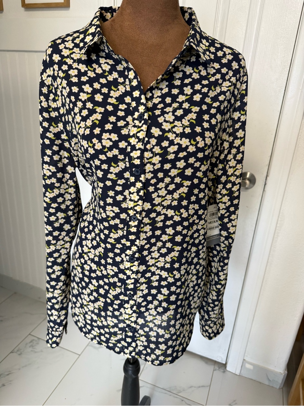 Navy Floral Button-Down Shirt with Cream and Yellow Blossoms